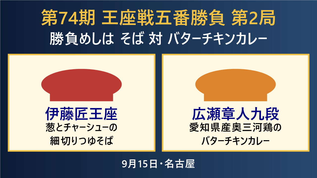王座戦第2局 伊藤匠王座の細切りつゆそばと広瀬章人九段のバターチキンカレー