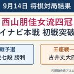 西山朋佳女流四冠、渡辺和史七段、古井丈大四段の9月14日対局結果