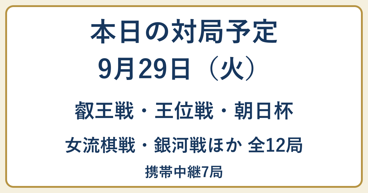 9月29日の対局予定。叡王戦・王位戦・朝日杯、女流棋戦・銀河戦ほか全12局、携帯中継7局。