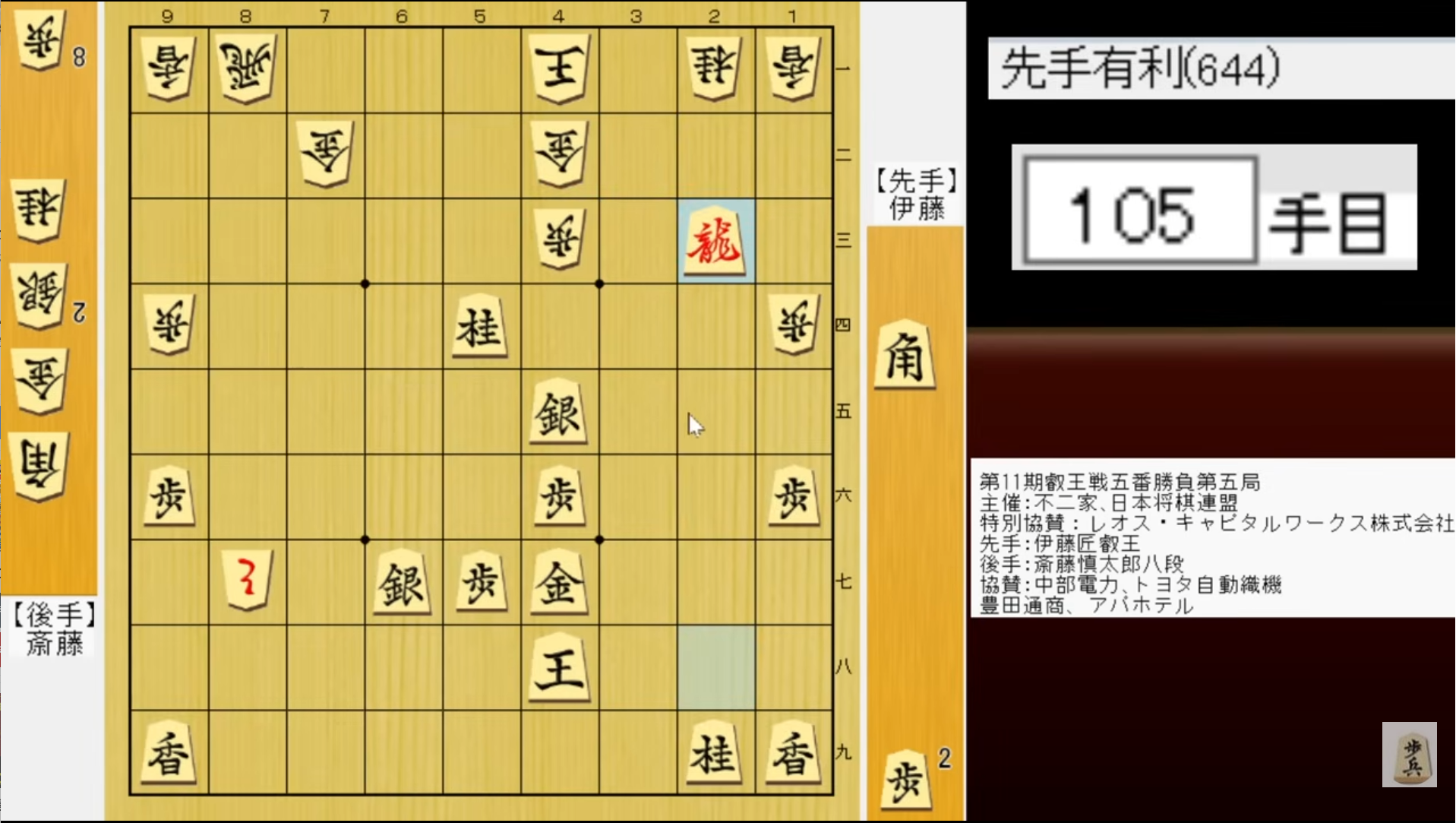 叡王戦第5局・105手目。伊藤叡王がタイトル防衛を果たした最終局。
