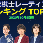 女流棋士レーティングランキングTOP20・2026年10月8日版。西山朋佳、福間香奈、伊藤沙恵、中七海、加藤桃子の似顔絵。