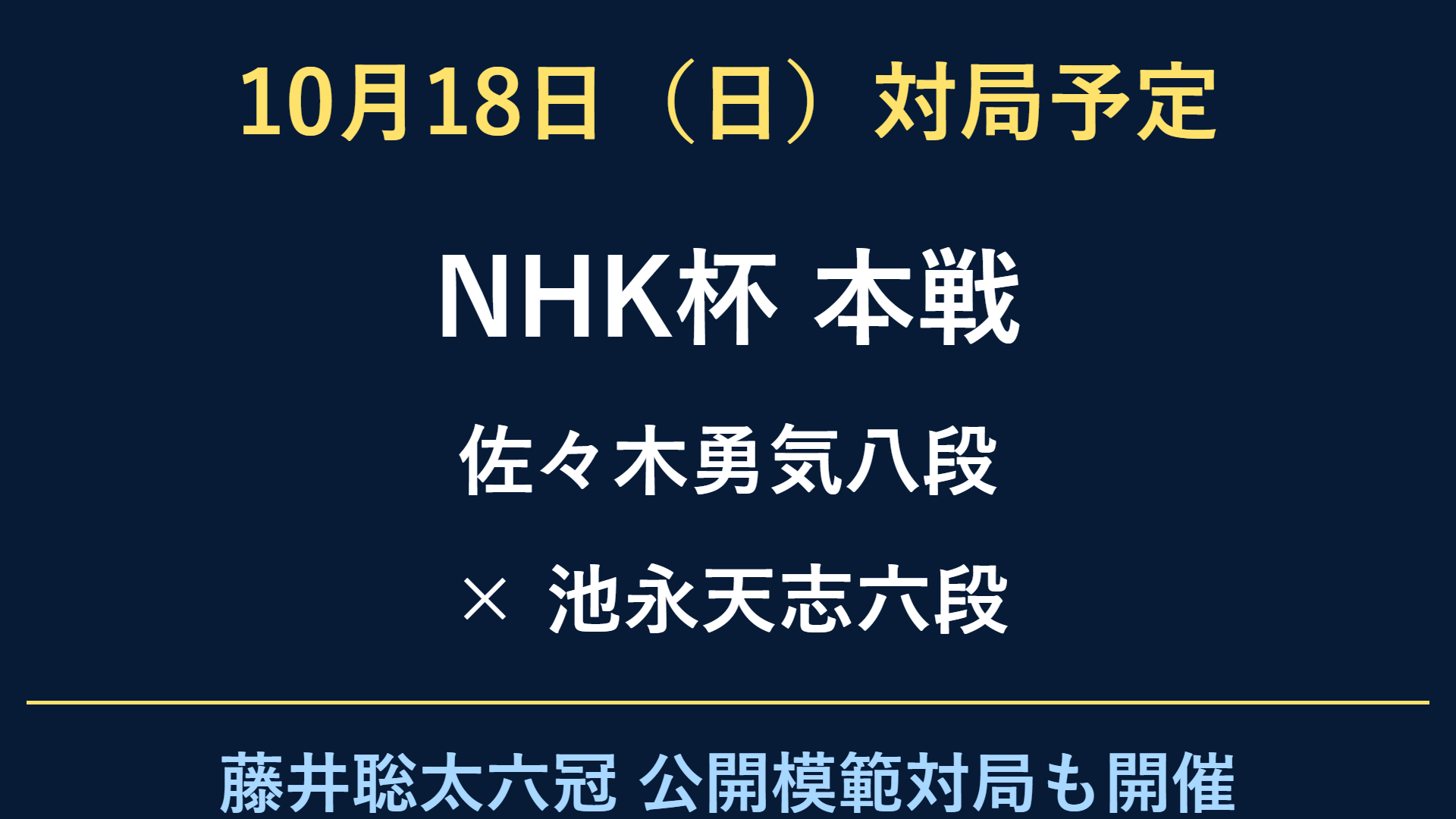 10月18日の対局予定。NHK杯は佐々木勇気八段対池永天志六段。藤井聡太六冠の公開模範対局も開催。