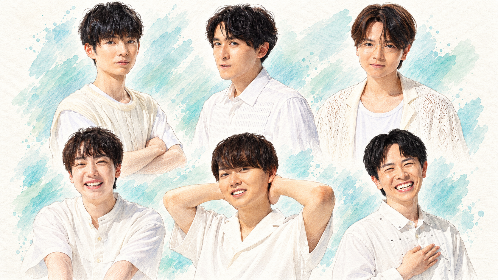 伊藤匠二冠、上野裕寿六段、吉池隆真四段、齊藤優希四段、小窪碧四段、山川泰熙四段を描いたAI生成の手描き風イラスト。公式写真ではありません。