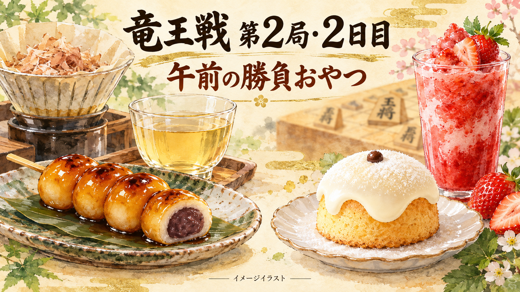 第39期竜王戦第2局2日目午前のおやつをイメージしたイラスト。だんご、一番だし、富士山頂、いちごの飲み物。