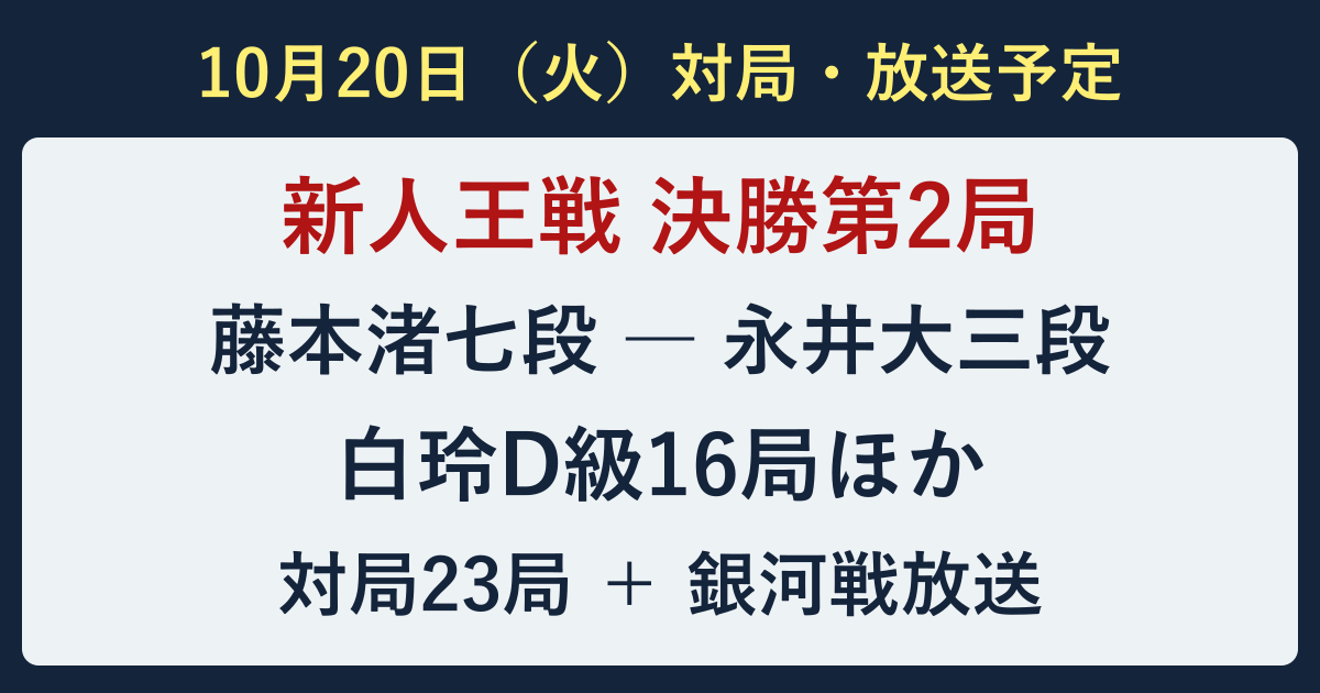 10月20日の対局23局と銀河戦放送。新人王戦第2局、白玲D級16局ほか。