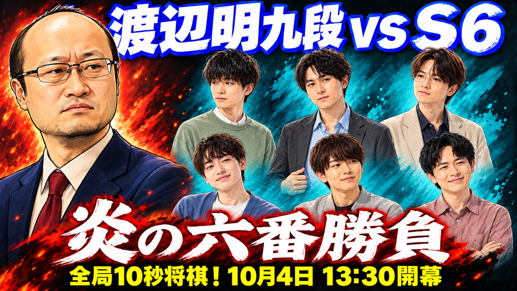 渡辺明九段vsS6 炎の六番勝負。渡辺九段と若手6人の似顔絵サムネイル（AI生成イラスト）。